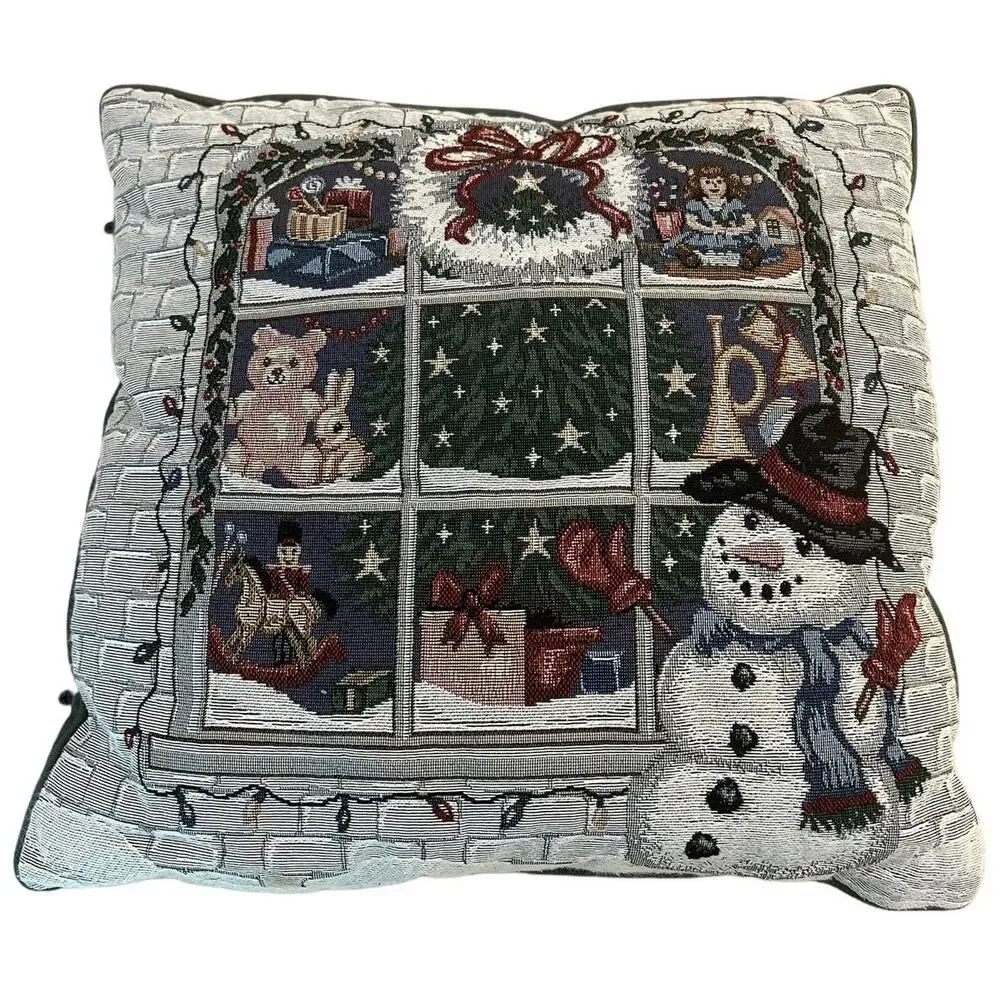 VTG Riverdale Snowman Christmas Window Scene‎ Tapestry Throw Pillow Holiday 16